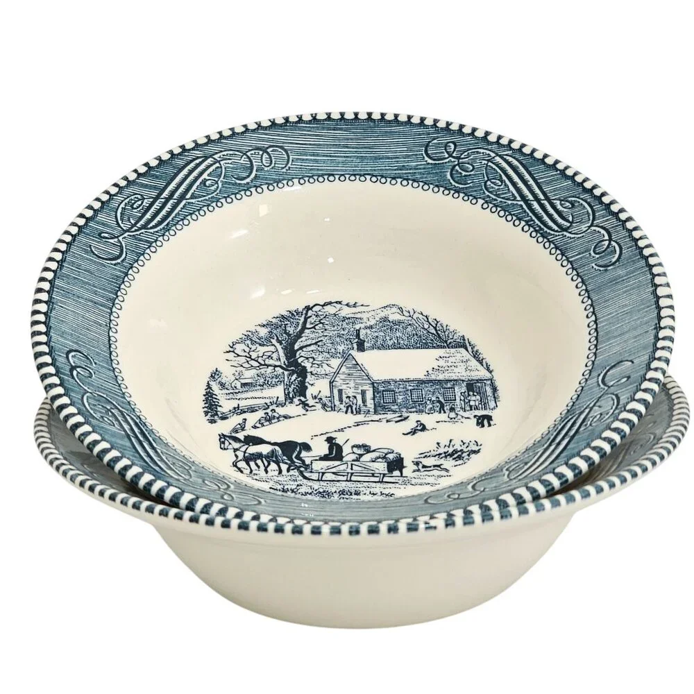 2 Currier Ives Blue Schoolhouse Bowl 6.5" Royal USA pottery country colonial - Picture 3 of 5